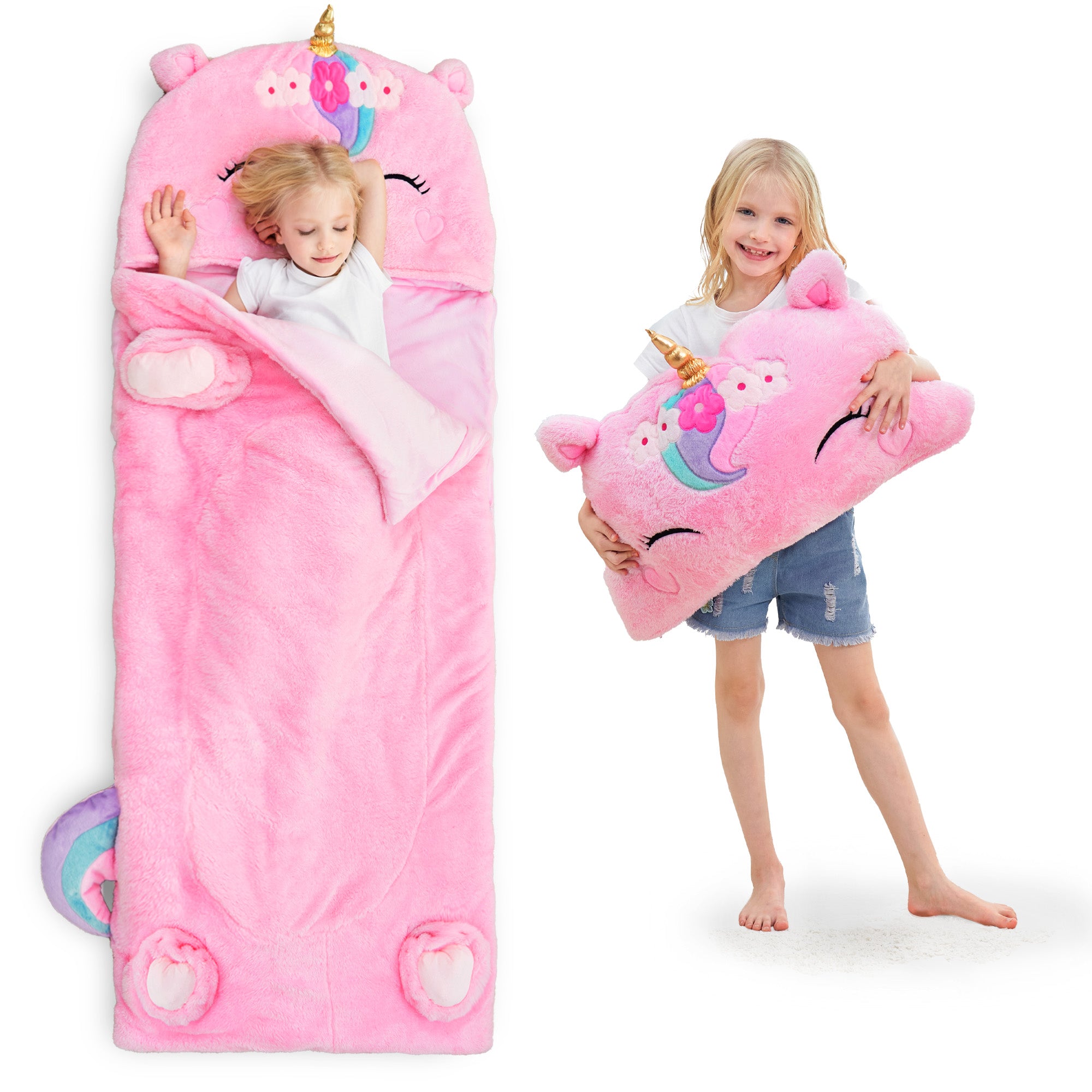 iPlay, iLearn Kids Unicorn Sleeping Bag, Toddler Girl Nap Mat, Plush Animal Slumber Bag 2 In 1 Pink Pillow Daycare Preschool Kindergarten Birthday