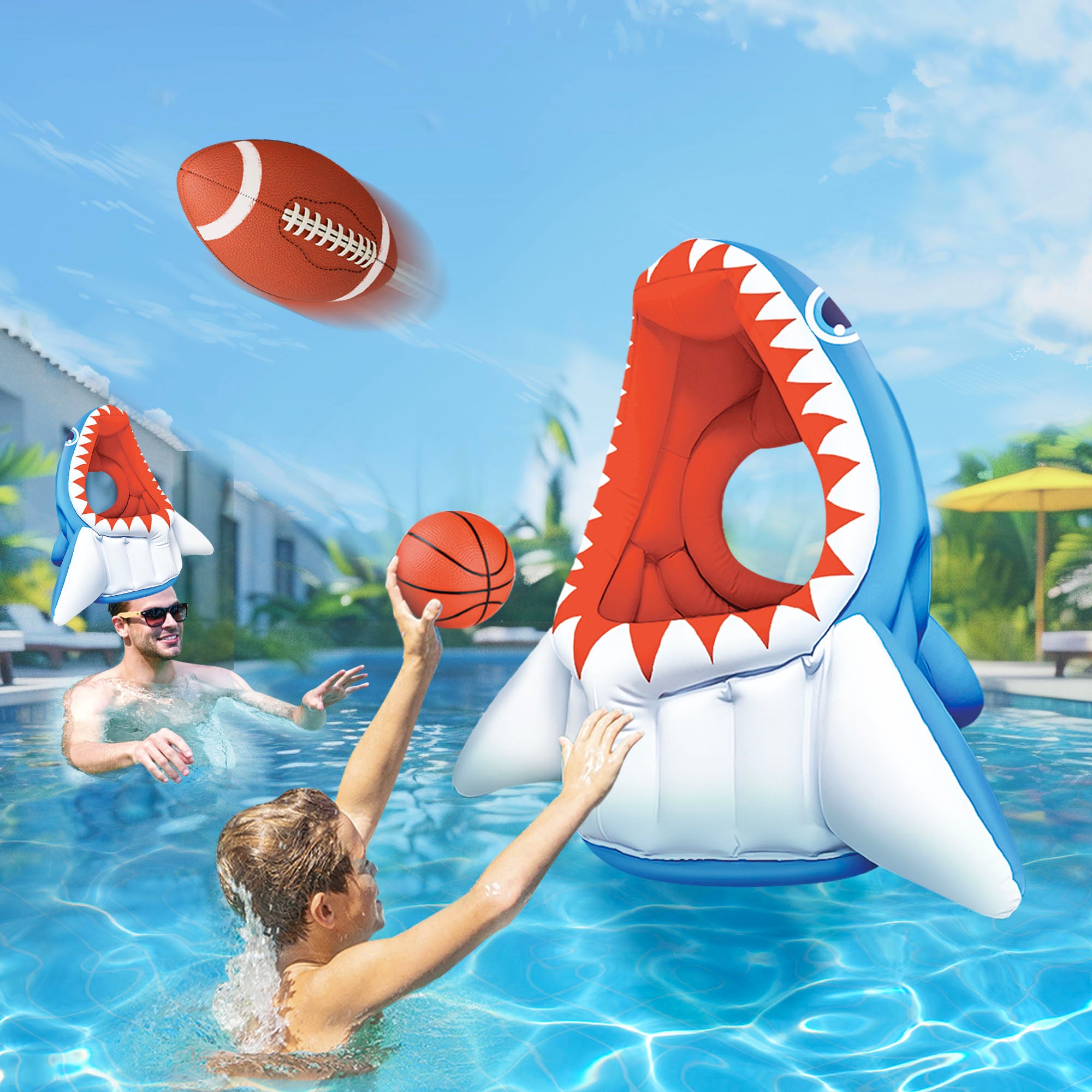 spielzeug für pool Kids Shark Pool Toys, inflatable Float Basketball Football Head Hoop T