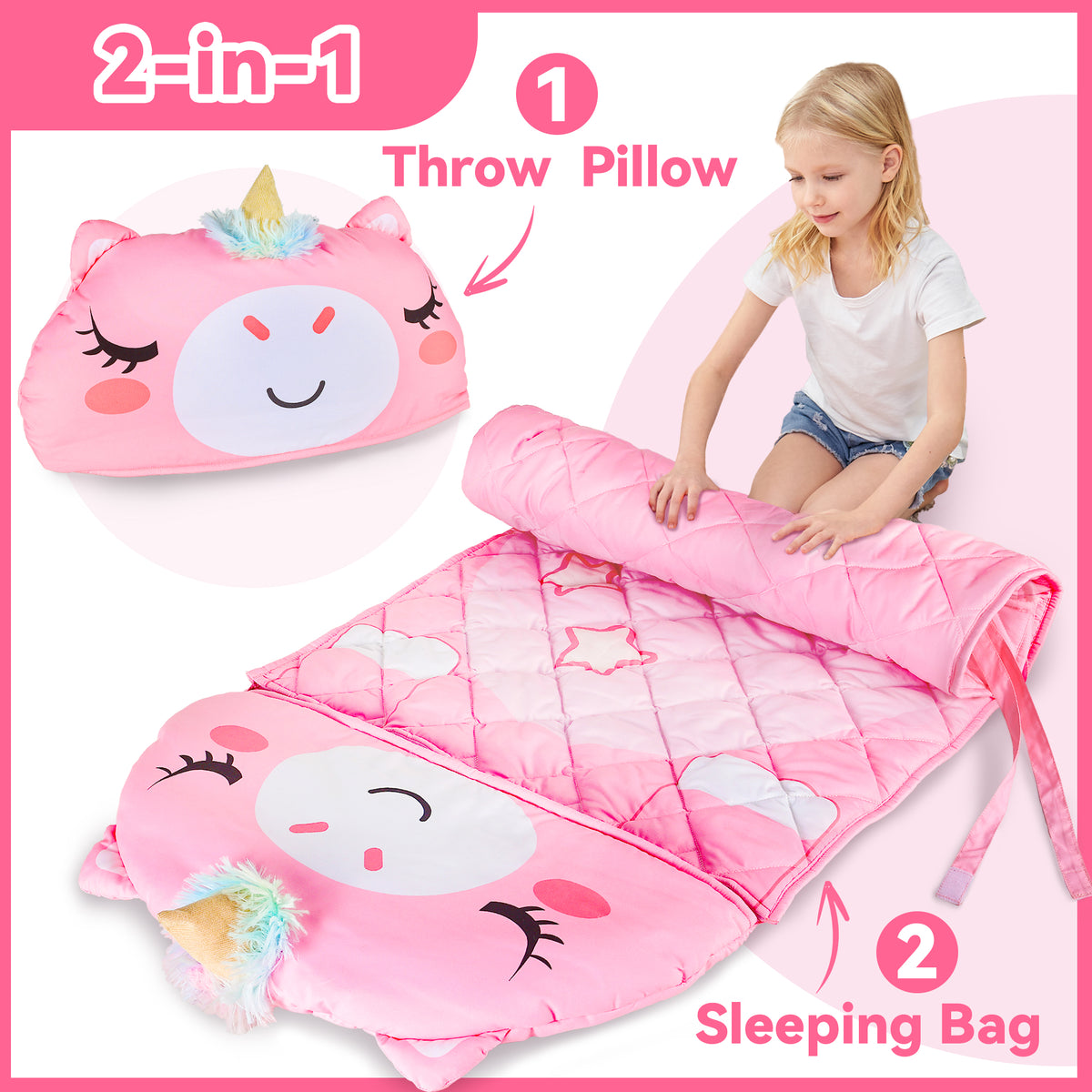 iPlay, iLearn Kid Sleeping Bag, Unicorn Slumber Sack, Toddler Girl Nap Mat, 2 In 1 Pink Animal Cushion Blanket, Happy Travel Sleepover Daycare