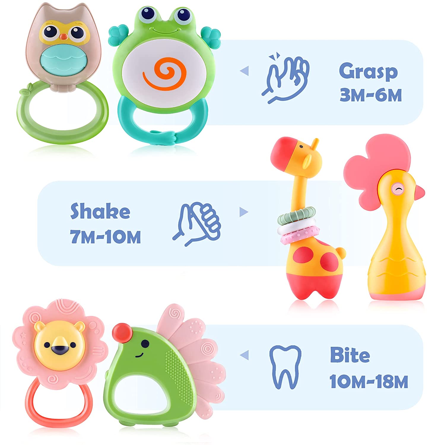Apple Core Rattle Toy iPlay iLearn 10Pcs Animal Baby Rattles Toy Set Teether Shaker Spin ...