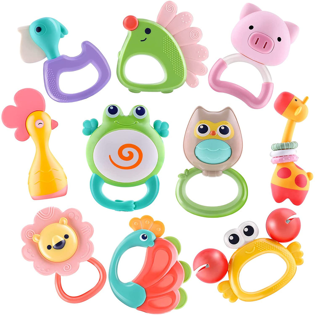 10Pcs Animal Baby Rattles Toy Set Teether Shaker Grab N Spin Rattle