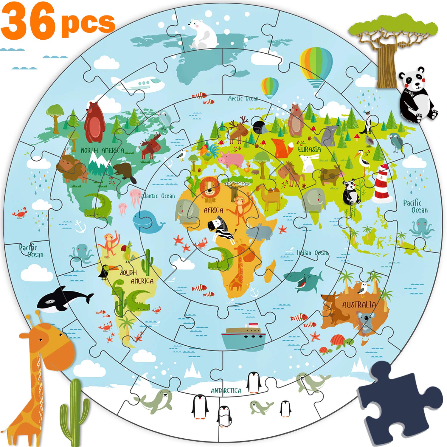 iPlay, iLearn Wooden Round World Map Jigsaw Puzzle Educational