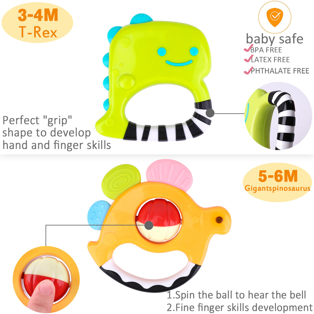 5 Pcs Dinosaur Baby Rattles Teething Sensory Toy