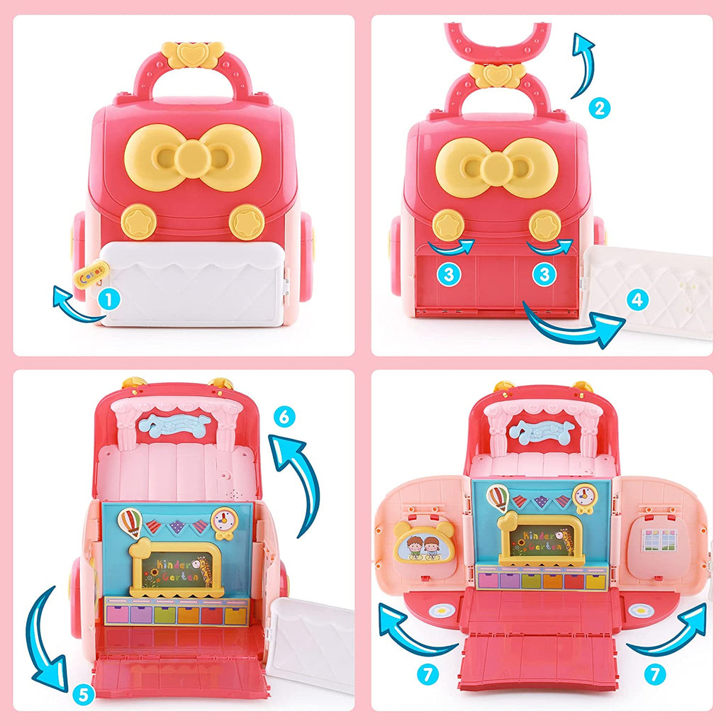 Girls Pretend Play Doll House School Set with Portable Backpack