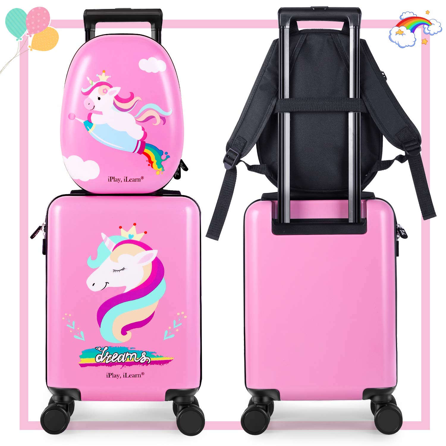 iPlay, iLearn Unicorn Kids Rolling Luggage Set Girls Carry on Suitcase –  iPlay iLearn Toys